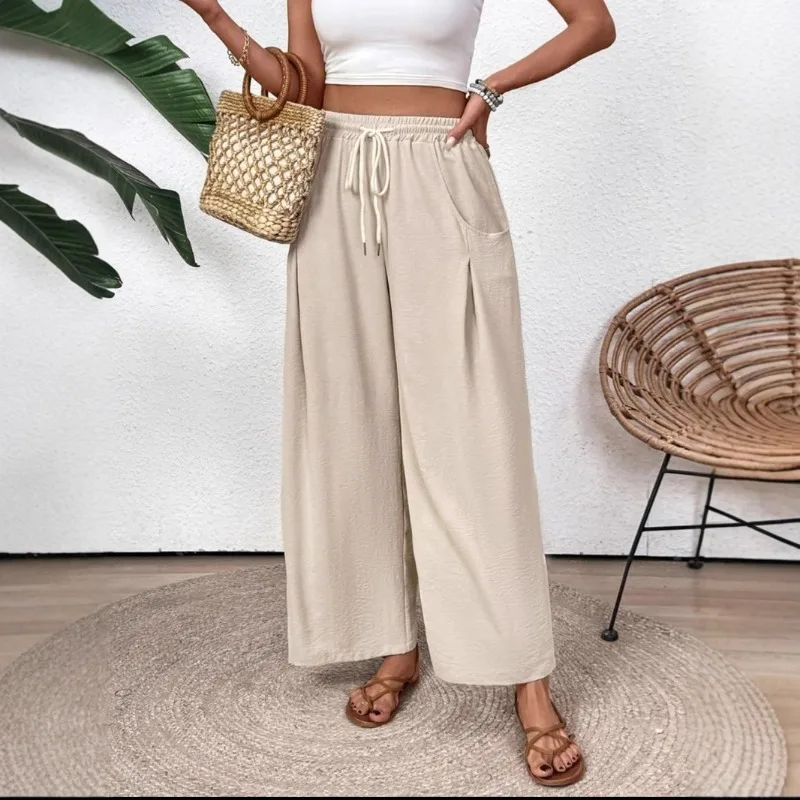 

2025 New Fashionable and Elegant Style Drawstring Pocket Wide Leg Women's Casual Pants Women's Pants