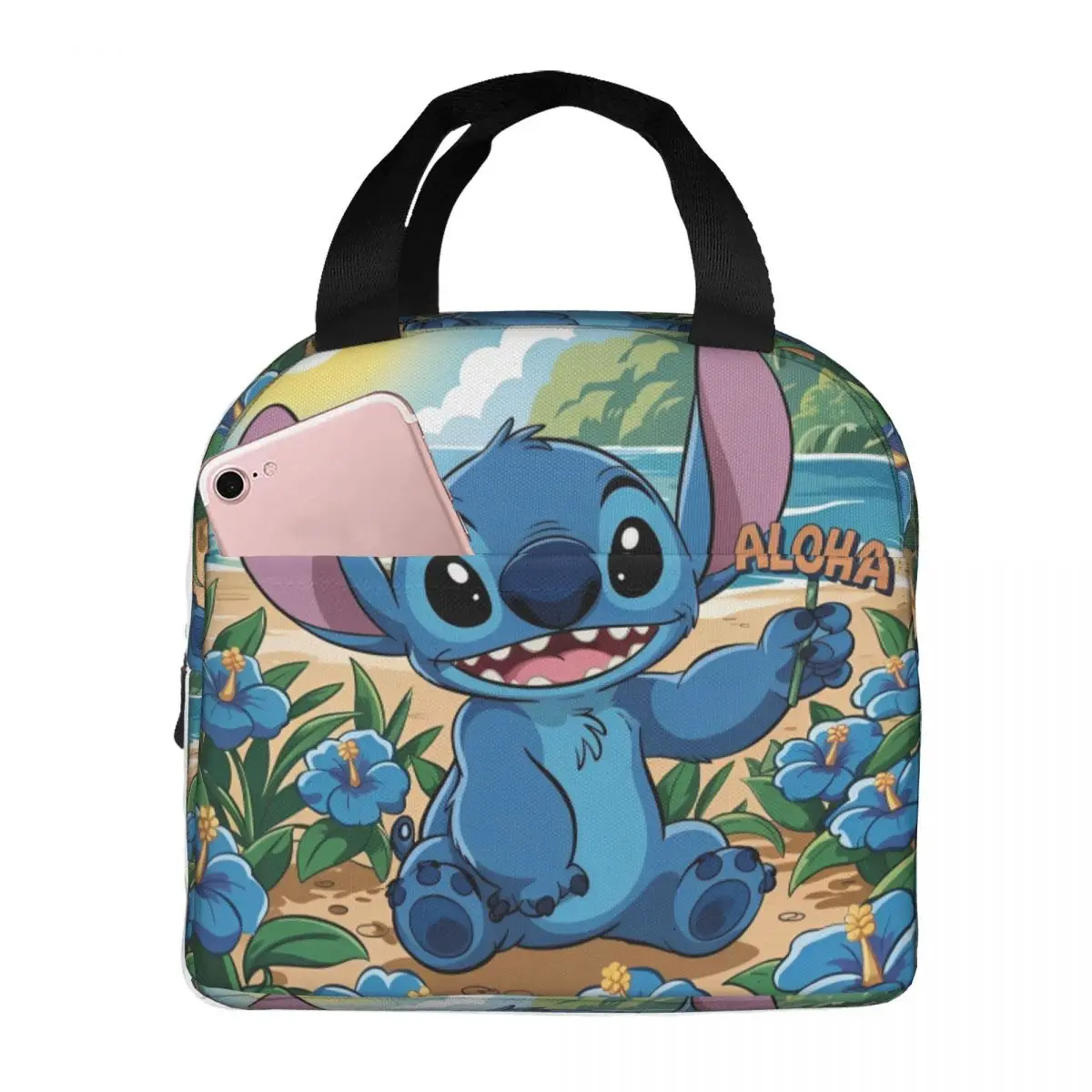 

Stitch Cartoon Flower Lunch Bag Retro Lunch Box Picnic Portable Tote Food Bags Print Cooler Bag