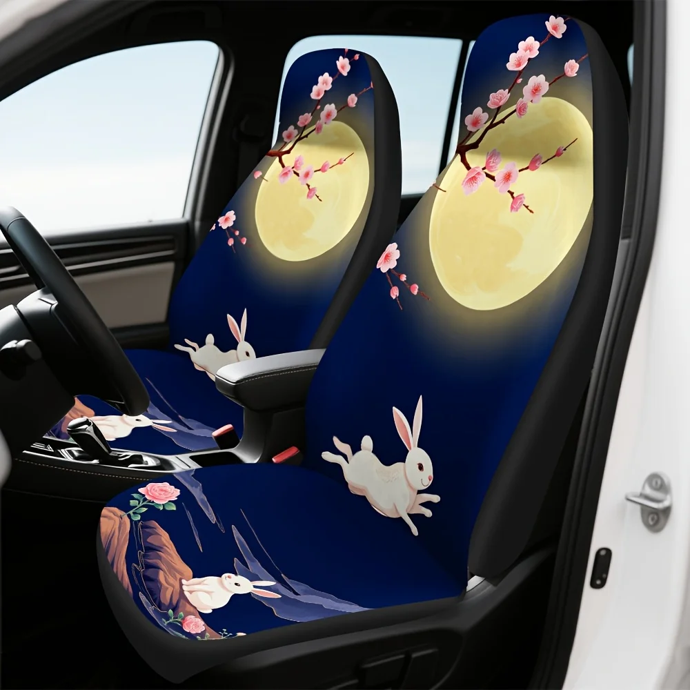 2pcs, Unique Cherry Blossom Moonlit Rabbits Pattern Car Seat Covers, Soft And All Season Use, Compatible With Cars, SUVs, And Tr