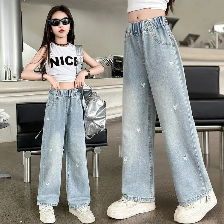 2026 Summer Girls Middle School Fashion Loose Solid Color Small Love Jeans Casual Pants Wide Leg Pants 4-10 Years Old