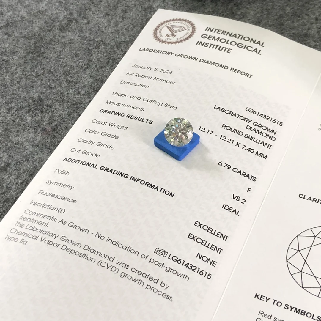 6.79CT F VS2 CVD Lab Grown Diamond LG614321615 Brilliant Cut with IGI Certificate