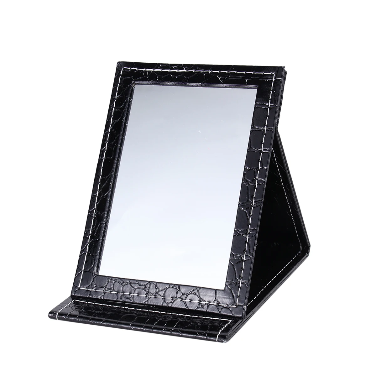 Desktop Makeup Mirror L Size Black PU Portable Foldable Lighted Glass for Clear Daily Travel Use