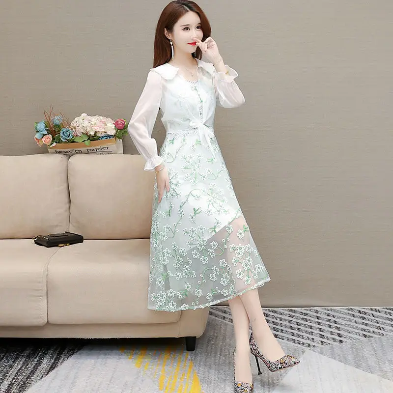 

Women's Summer Dress 2022 New Lotus Leaf Sleeve Blouse Chiffon Floral Dresses Two-piece Female Elegant Sun Shirt Midi Skirt Suit