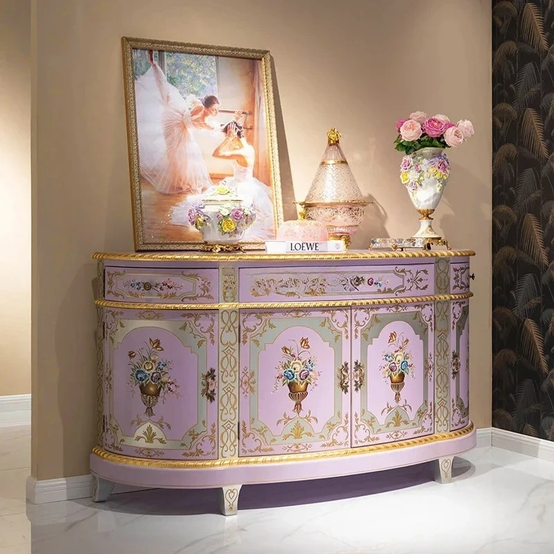 French Art Luxury Solid Wood Cabinet Villa Home Heavy Industry Hand Painted Purple Entrance Cabinet