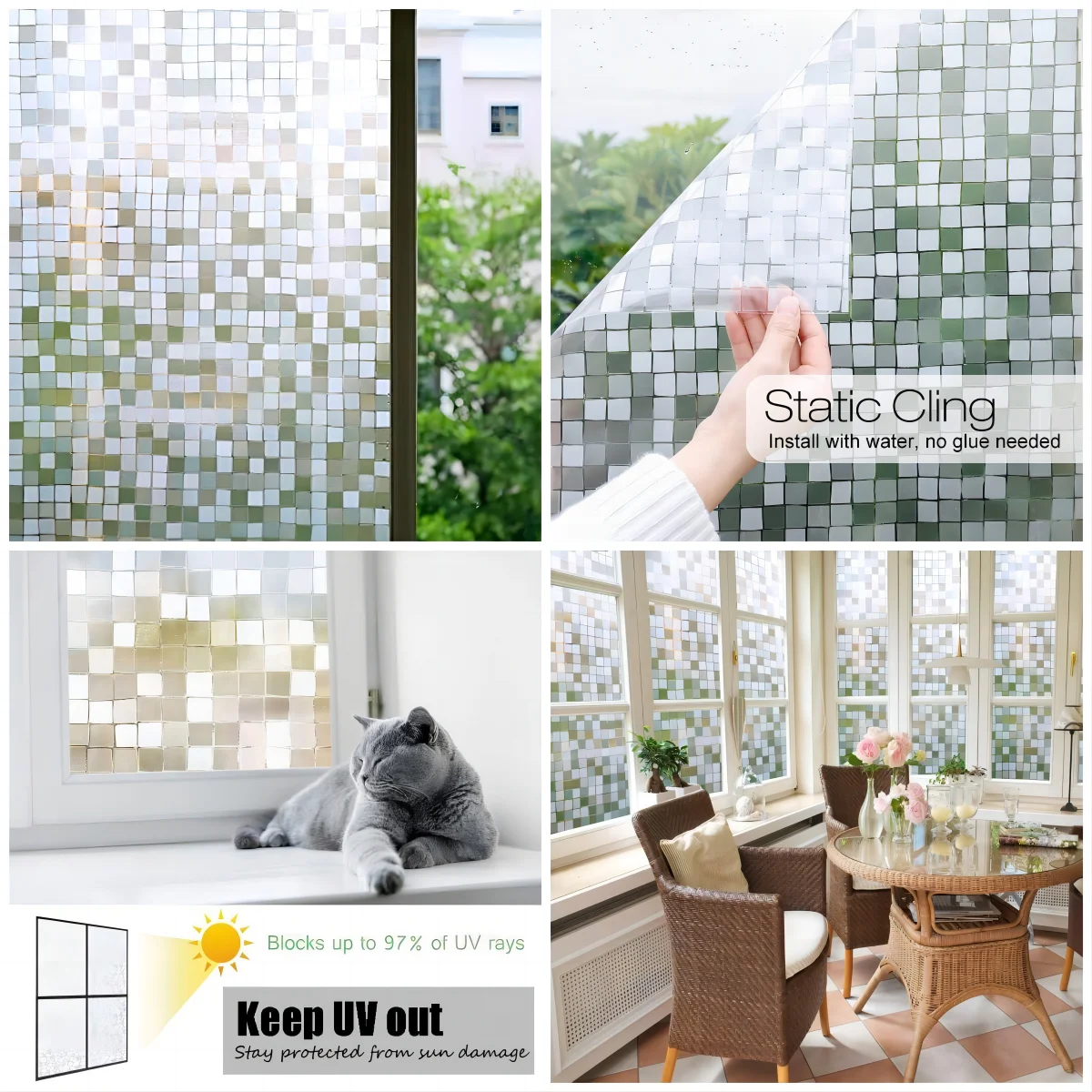 Glass Window Film Window Privacy Film Frosted Window Vinyl 3D Decorative Window Decals Non Adhesive Bathroom Living Room