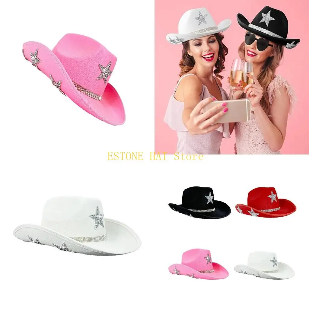 49MF Rhinestones Star Top Hat for Women Men with Five Pointed Star Pattern Wide Brims Hat for Music Festival and Theme Event