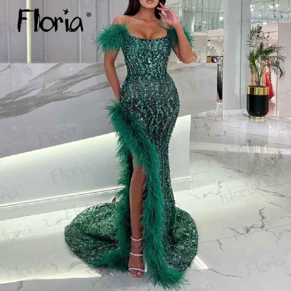 Lindo vestido de baile de penas, Vestido noturno frisado, Fora do ombro, Fenda Lateral, Festa Noturna, Longa Sereia, Robes de casamento árabe, Jade