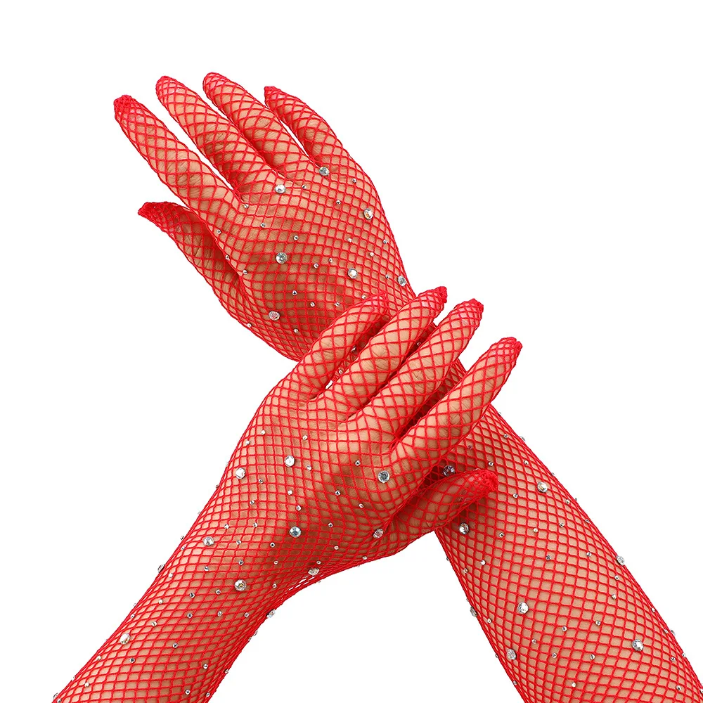 Gloves Sparkling Rhinestone Mesh Fishnet Black Stretch Colorful Rhinestone Halloween Carnival Stage Show Party Women Lightweight