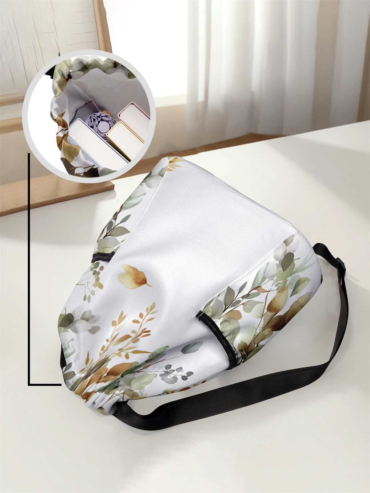 Mochila com cordão padrão de folha – Bolsa de fitness durável de grande capacidade, alças ajustáveis, mochila esportiva de praia