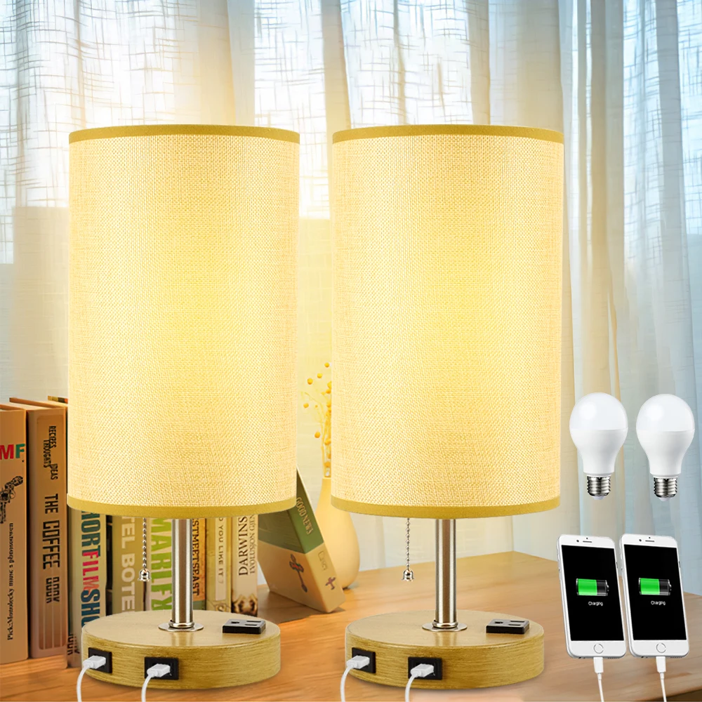 Depuley Set of 2 USB Table Lamps –Lamps with Dual USB Ports, AC Outlet, and Fabric Shade, E26 Bulb Included for Bedroom, Living