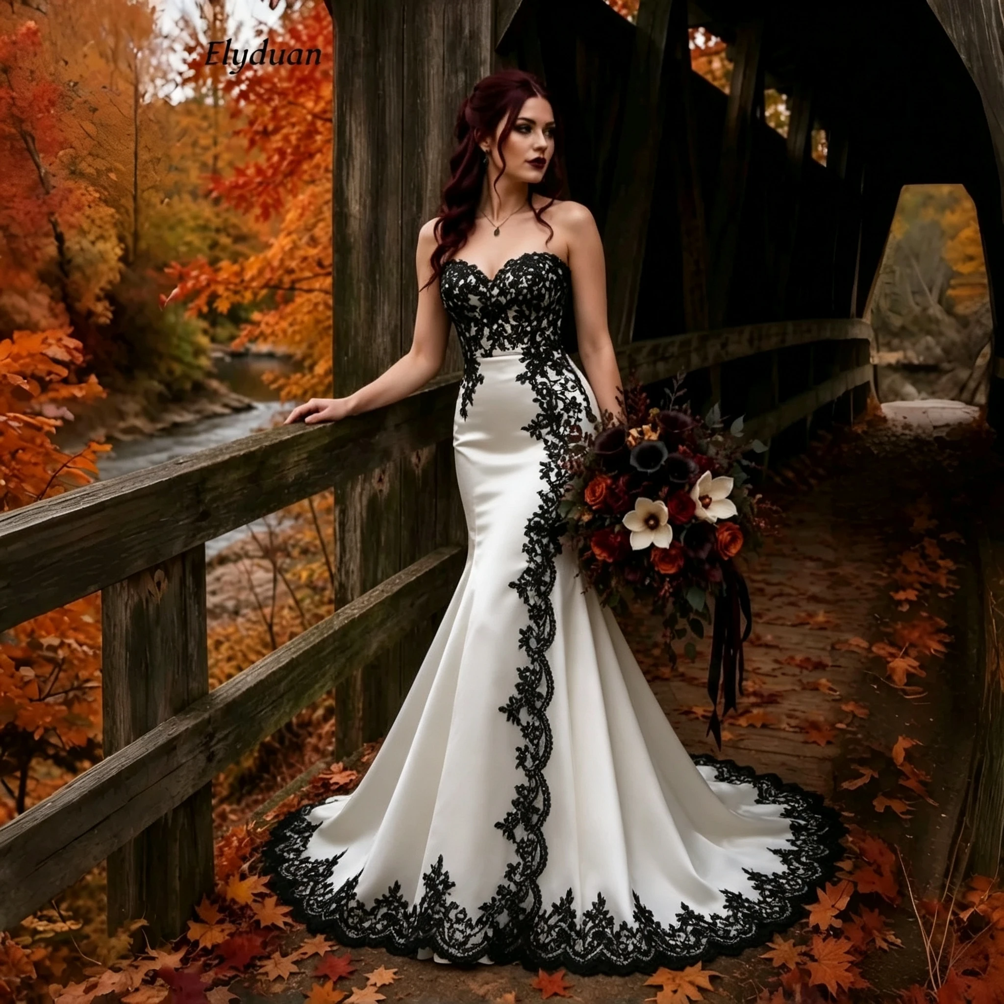 Black And White Wedding Dress Mermaid Gothic Bride Gown Sleeveless Lace Delicate Sweetheart Lace-Up Vintage Robe Customized