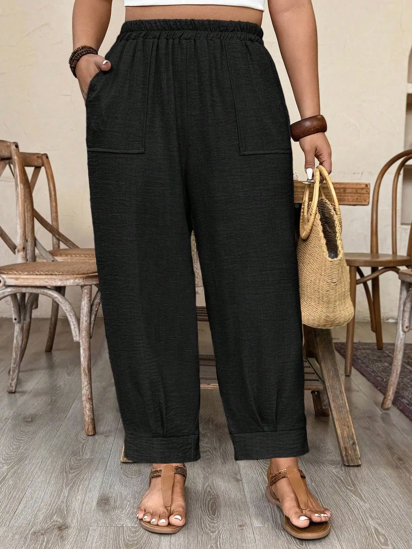 

Повседневные широкие брюки больших размеров из однотонной ткани, имитирующей лен