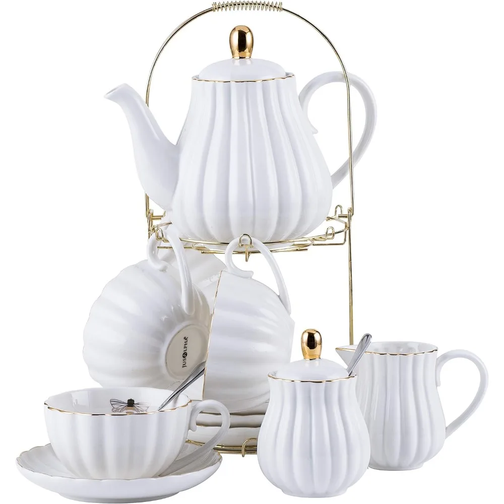 

Jusalpha Porcelain Tea Set- 8OZ White Coffee Cup/Teacup, Saucer,Spoons, Teapot and Creamer set, 17-Pieces (FD-TW17PC SET, White)