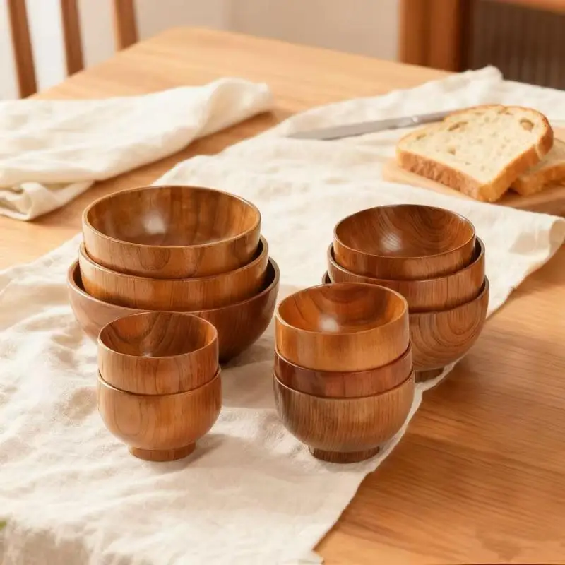 1 PCS Wooden Bowl Jujube Wood Round Large Soup Bowl Creative Children Rice Bowl Natural Solid Wood Tableware for Dining Kids To