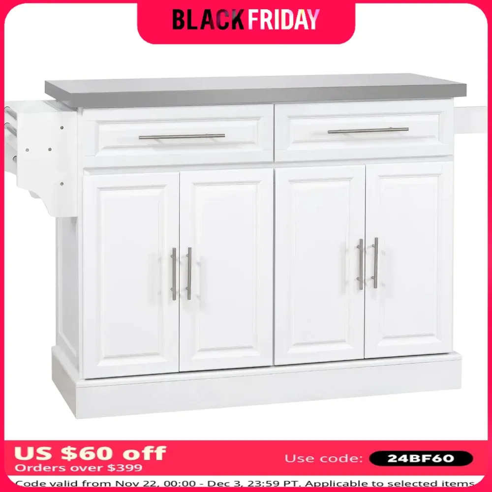 Kitchen Island with Storage, Stainless Steel Top, 2 Drawers, Spice, Knife and Towel Rack and Cabinets,  Storage Cabinet