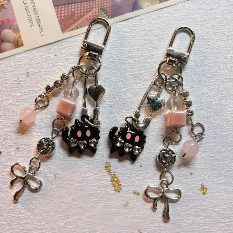 Sweet Black Cat Pendant Keychains for Phone Headphone Case Backpack Creative Lanyard Sweet Kpop Bead Bowknot Charms Keyrings