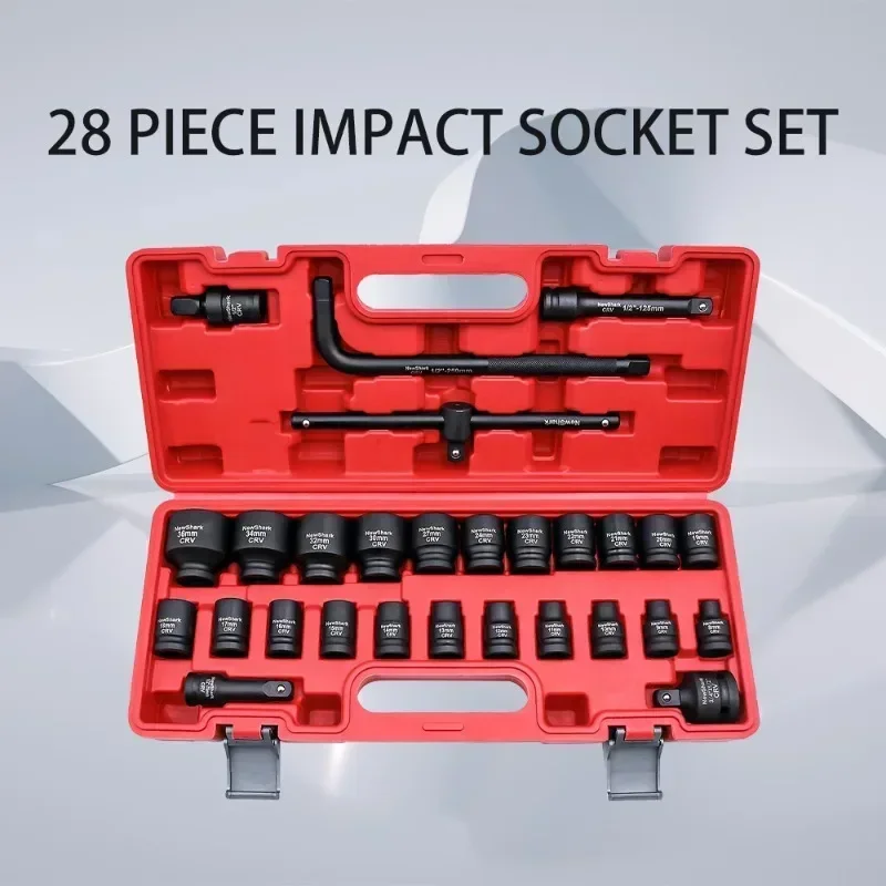 28pcs 1/2 Inch Drive Socket Set Universal Joint Impact Extension Rod T-head Circuit Breaker Rod Hardware Pneumatic Repair Tools