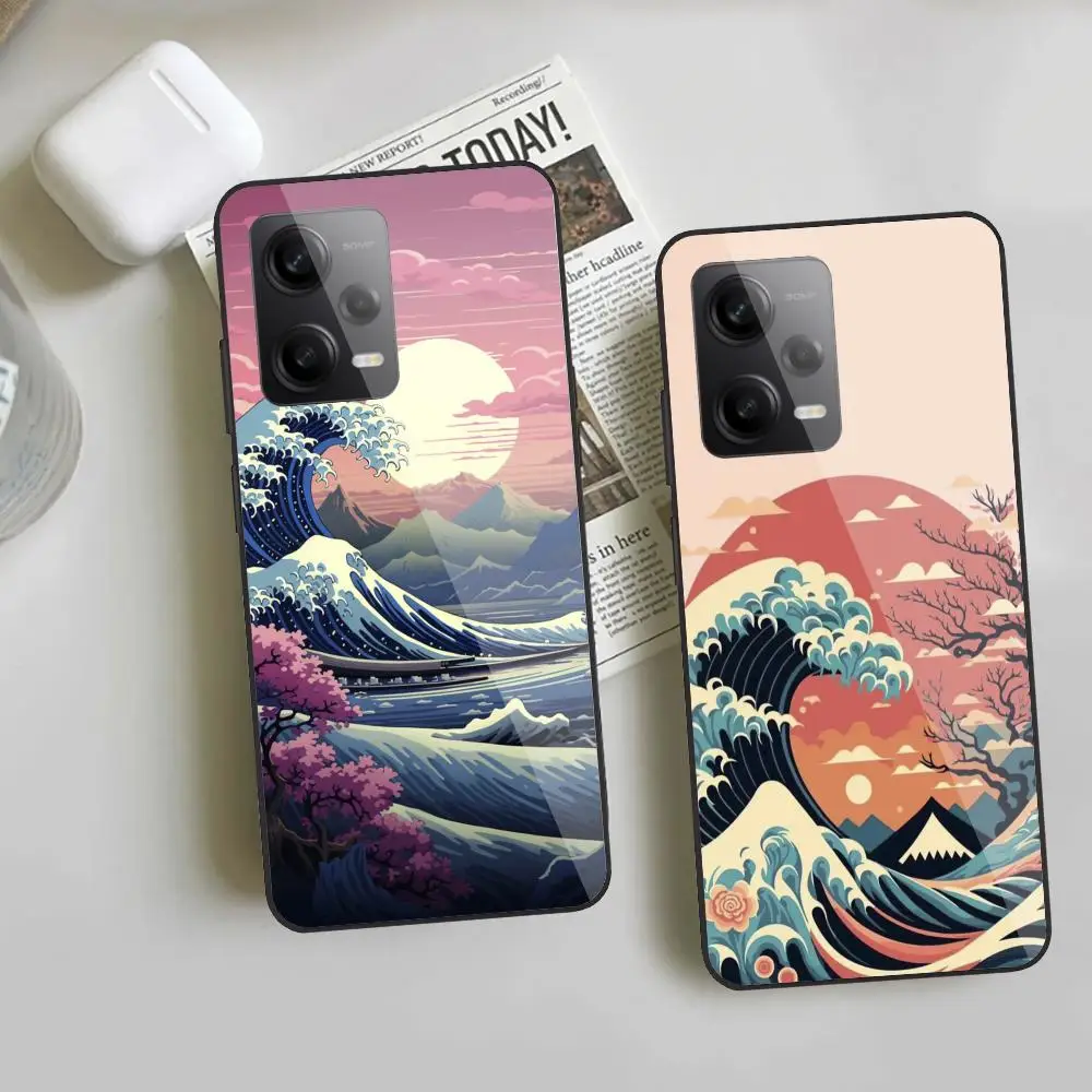 Kanagawa Phone Case For Redmi Note 13 Pro Plus 12 11 A3X A1 A2 13C 12C Black Glass Cases