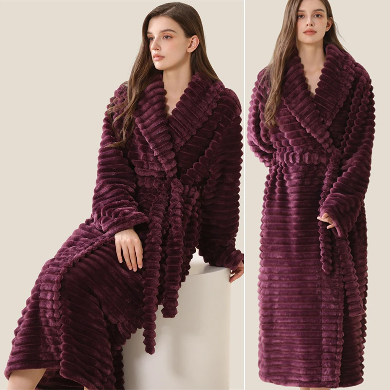 

Winter New Female Flannel Long Robe Nightgown Thicken Warm Home Dress Kimono Gown Bathrobe Comfortable Coral Fleece Loungewear