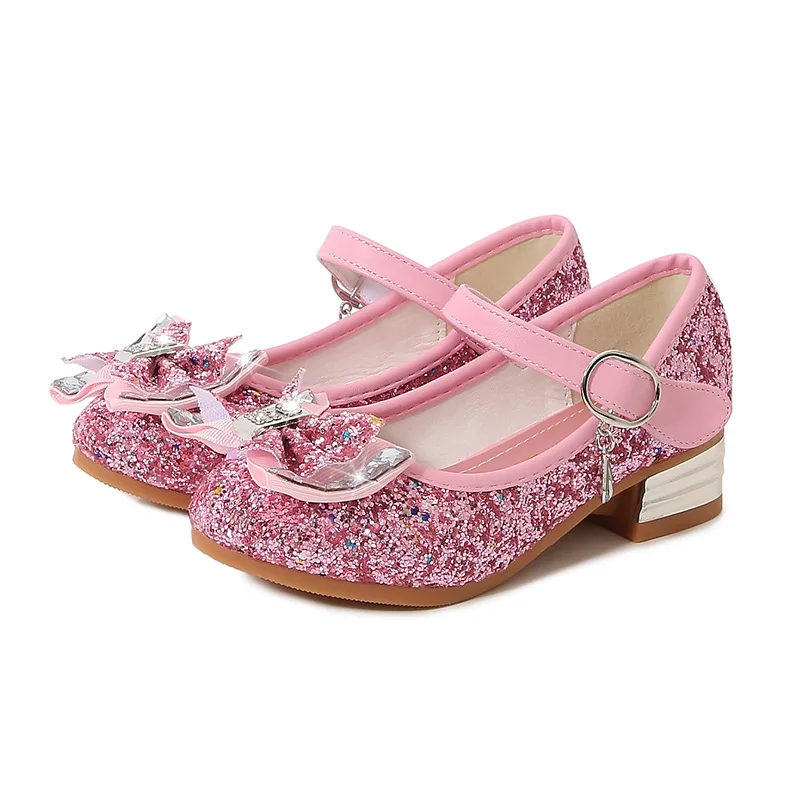 Glitter Girls Dress Shoe with Wedding Ceremony Party Sequin Bowkno Children High Heels Kids Princess Dance Performance Gift Shoe