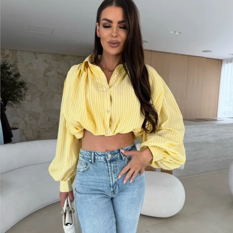 Camicie a righe da strada alla moda Camicia corta sexy da donna Crop Top Primavera Estate Manica lunga Bottone con risvolto Camicetta da donna Camicette eleganti