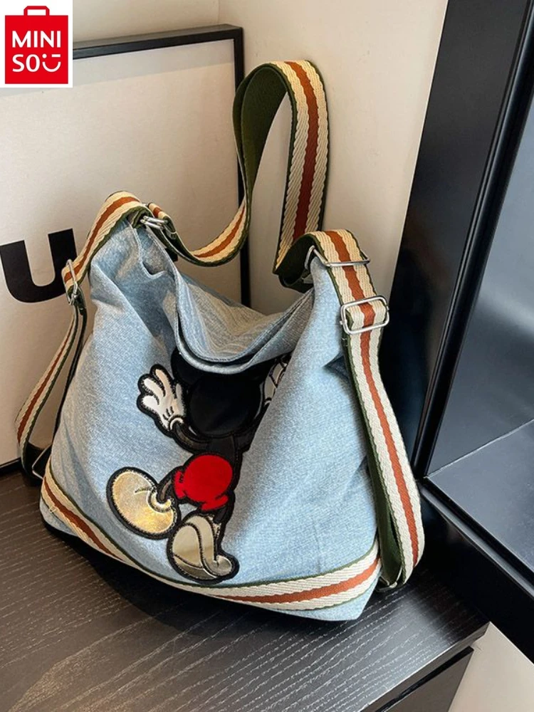 MINISO Disney Academy style retro denim bag, single shoulder crossbody bag, Mickey cartoon fashionable women's tote bag