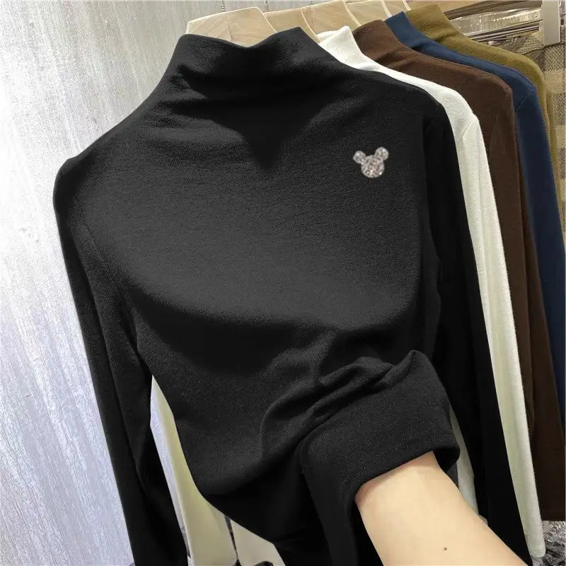 Autumn Winter New Double Sided German Half High Collar Long Sleeve Women\'s Bottom Shirt Fashion Age Reducing Diamond Set T-shirt