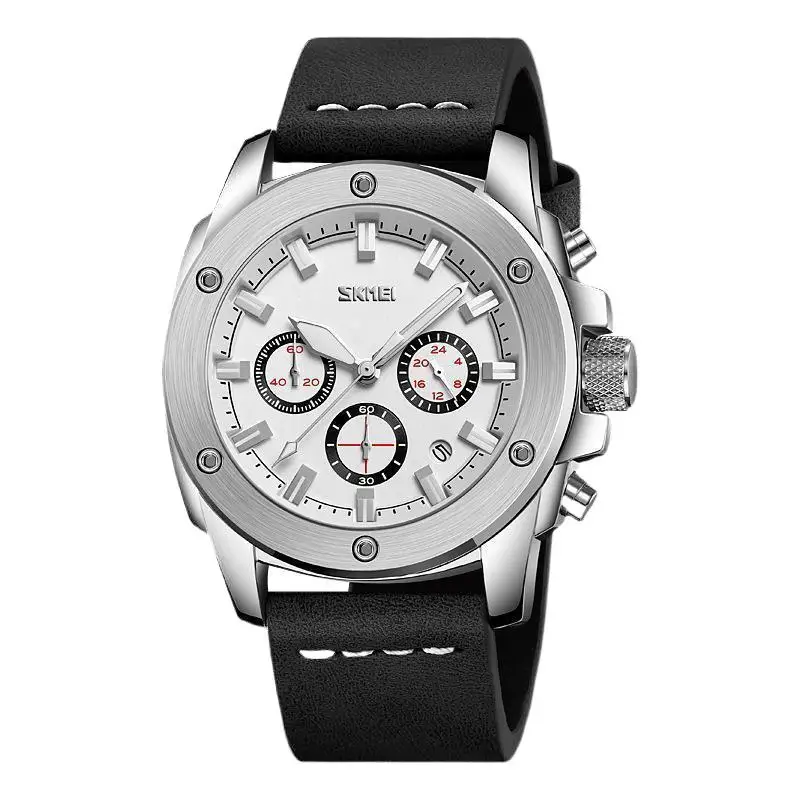 ساعة SkmeiMen كوارتز مقاومة للماء بحزام جلدي، ساعة يد مضيئة بمينا كبير