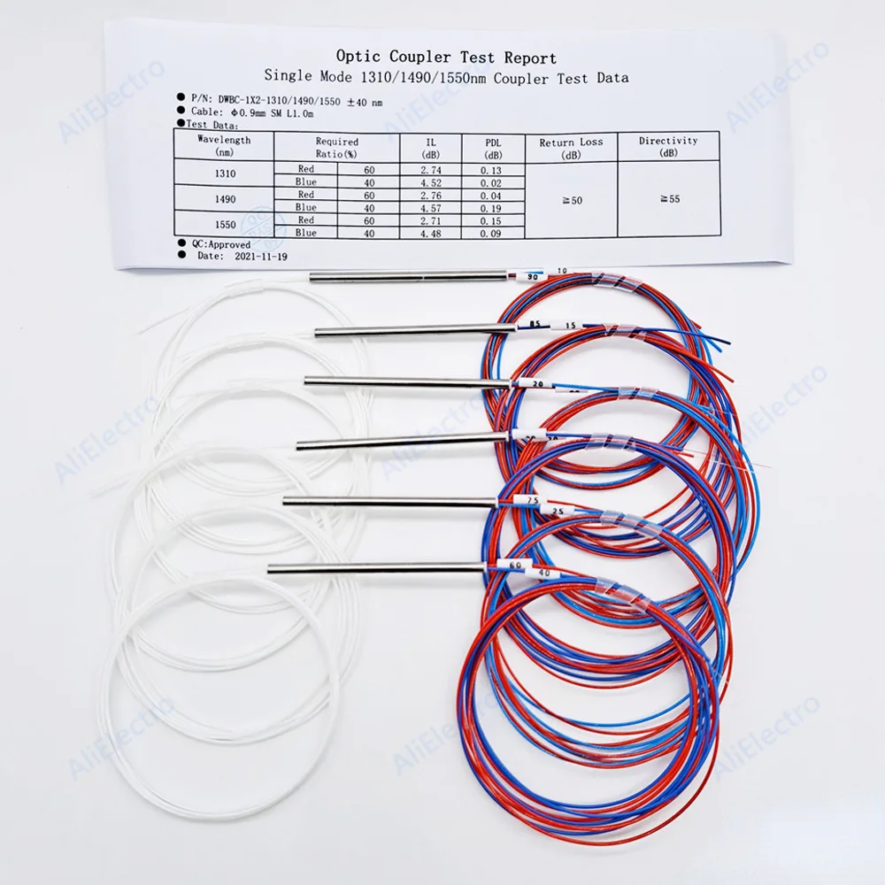 Imagem -03 - Divisor de Fibra Óptica Fbt de 50 Peças 10 90 20 80 30 70 40 60 50 50 Vários Tipos 1x2 Acoplador Desequilibrado de 0.9 mm sem Conectores