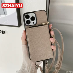 Zipper Wallet Phone Case For iPhone 17 Air 16 16E 15 14 13 12 11 Pro Max Plus Card Slot Holder Crossbody Lanyard Leather Cover