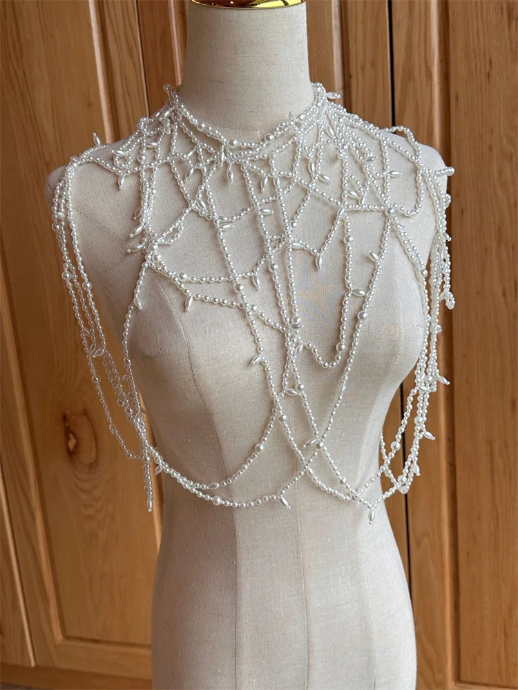 Y2k 빈티지 Luxury Multi layer Beaded Shoulder Chain Jewelry Pearl Body Chain Handmade Pearl Top Bra Woven Bead Shawl for Women