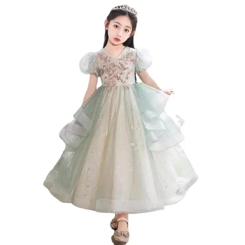 2024 Classic V-Neck Bubble Sleeves Girl Princess Dress Children Tulle Evening Dresses Trend Performance Costume for Kids Girls