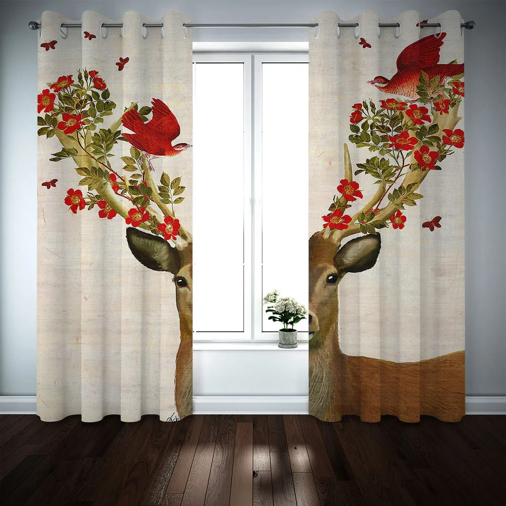 3D Christmas Reindeer Elk Design Happy New Year 2 Pieces Free Shipping Thin Window Drape Curtain for Living Room Bedroom Decor