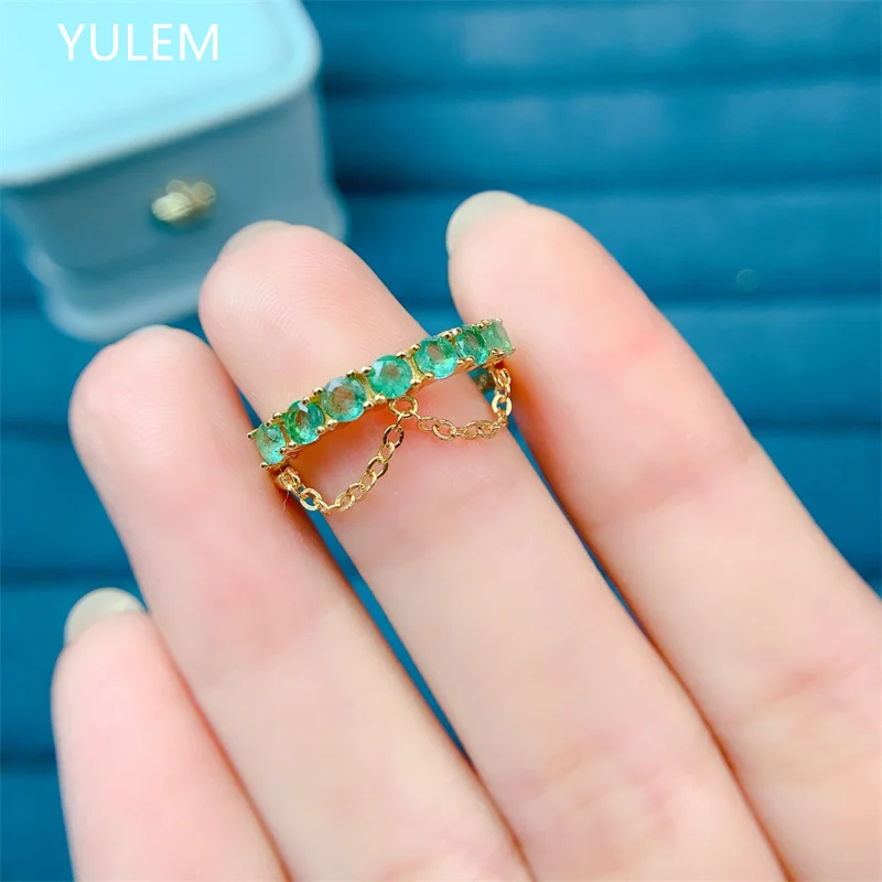

YULEM Luxury Designer Design S925 Silver Ring 3MM Natural Emerald Fine Silver Band Ring for Women