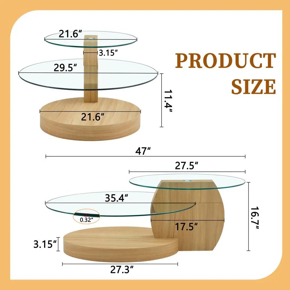 Table basse ovale moderne en verre trempé à grain de bois clair, Double couche avec pieds stables et coussinets antidérapants, plusieurs couleurs