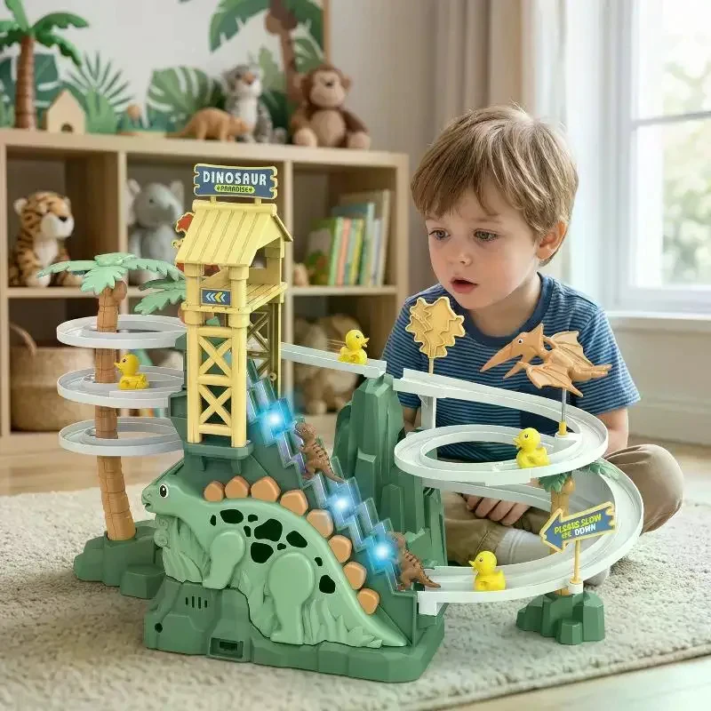 

Electric Double Track Dinosaur Slide Dynamic Climbing Stairs Adventure Children Acousto Optic Educational Toy Kids Birthday Gift
