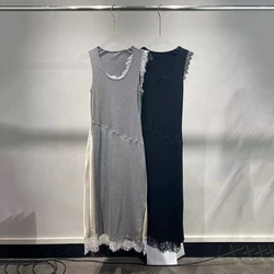 Clashing Cotton Women's Dress Y2k Lace Lace Splicing Back Hollow Out Elegant Commuter Round Neck Sleeveless Dress 2024 Summer