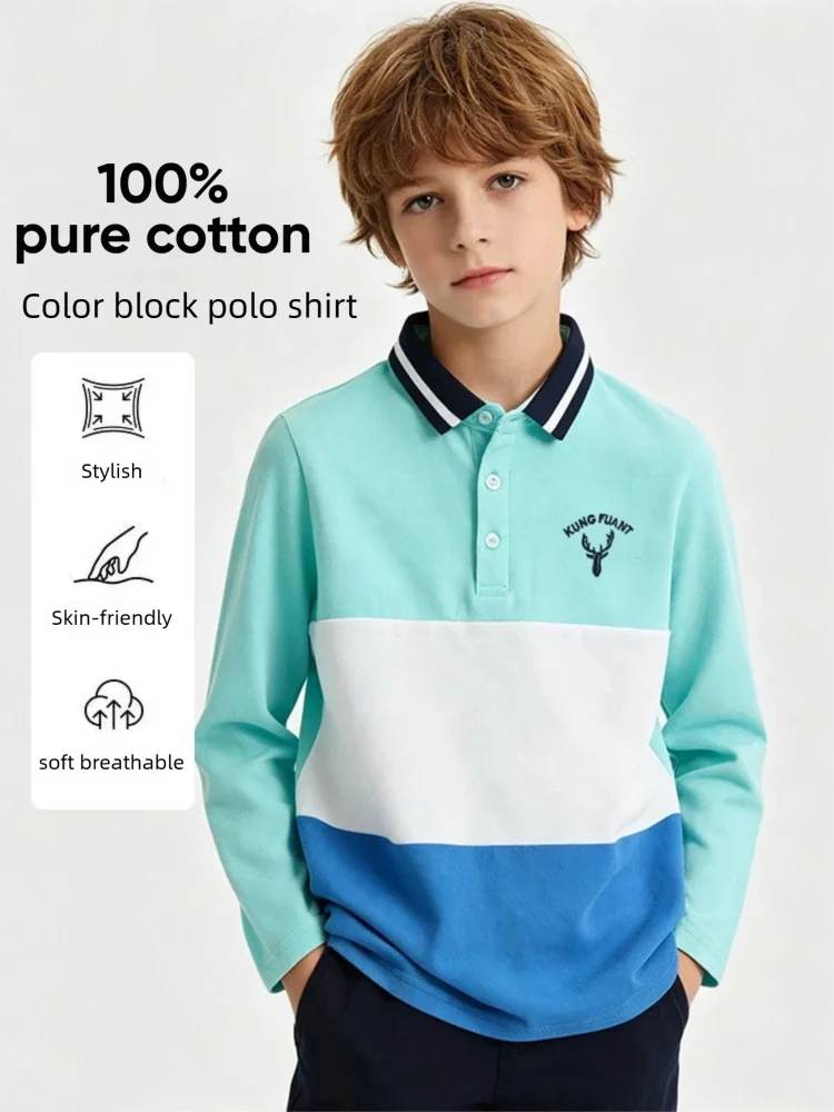 

Kids Long Sleeve Polo Shirt 100% Cotton 2026 New Boys Lapel Collar Blue Designer T-Shirt Casual Fashion Children School Clothes