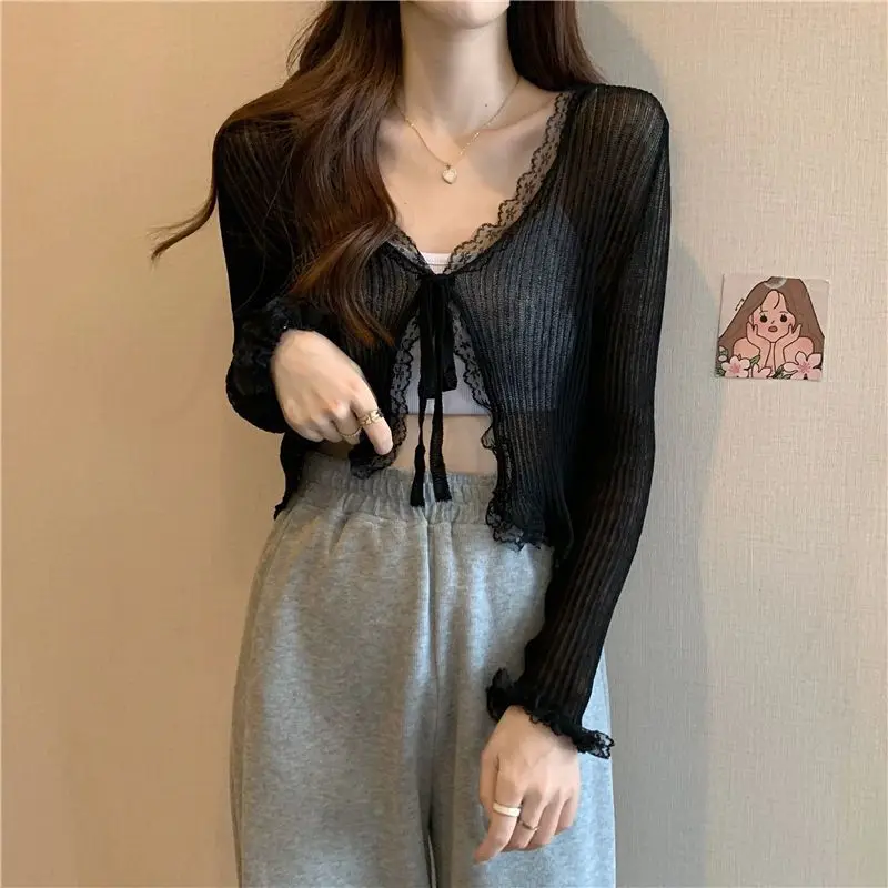 Tie Thin Short Knitted Cardigan Women Summer Korean Lace Edge Casual Long Sleeve Solid Color Sun Shirt Tops 4 Colors