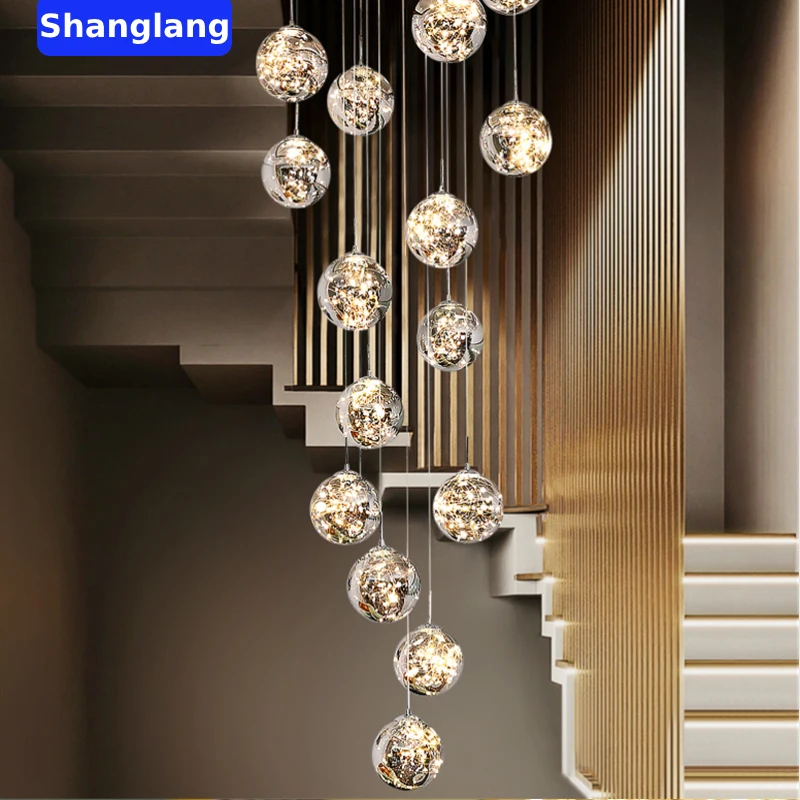 Modern LED Glass Ball Lampshade Ceiling Chandeliers Staircase Duplex Building Villa Loft Hollow Living Room Lights Pendant Lamp