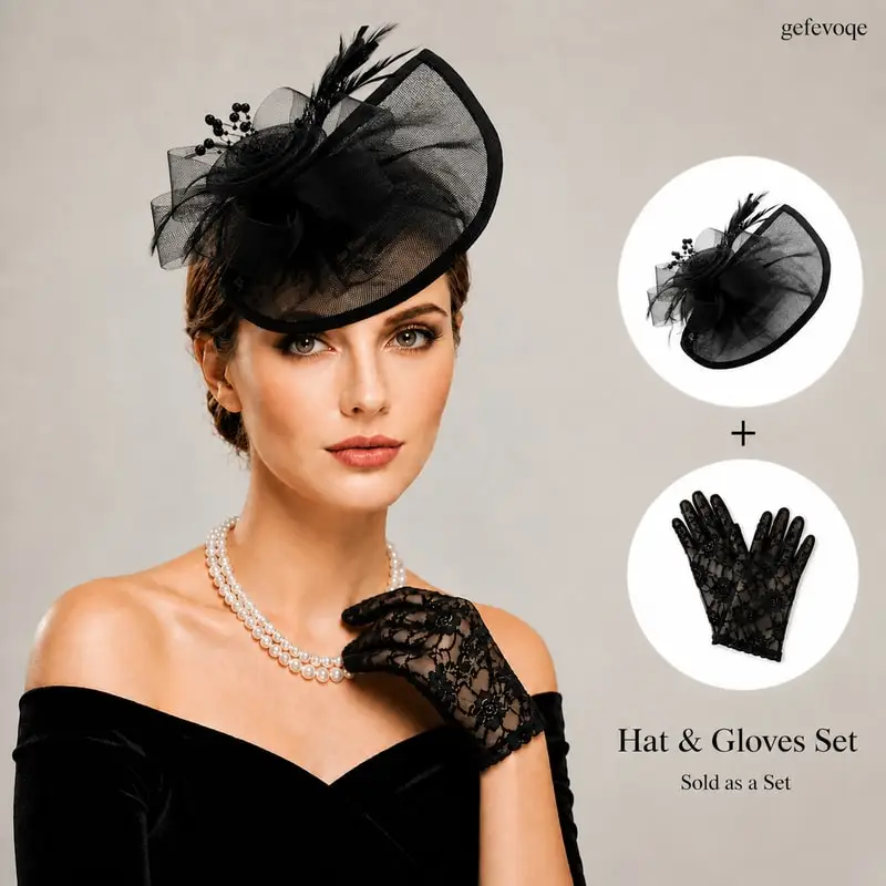 2Pcs Womens Pearl Feather Fascinator Hat Lace Gloves Set for Tea Party