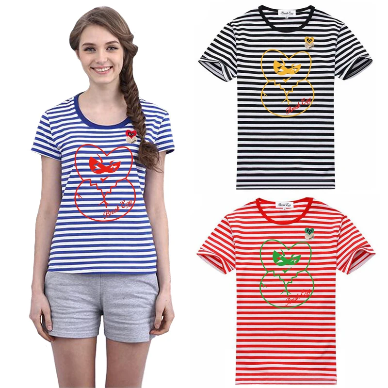 Полосатая хлопковая Футболка Break Egg для мужчин и женщин, цветная футболка с вышивкой в виде сердечек и яиц, с круглым вырезом и коротким рукавом Полосатая хлопковая Футболка Break Egg для мужчин и женщин, цветная футболка с вышивкой в виде сердечек и яиц, с круглым вырезом и коротким рукавом