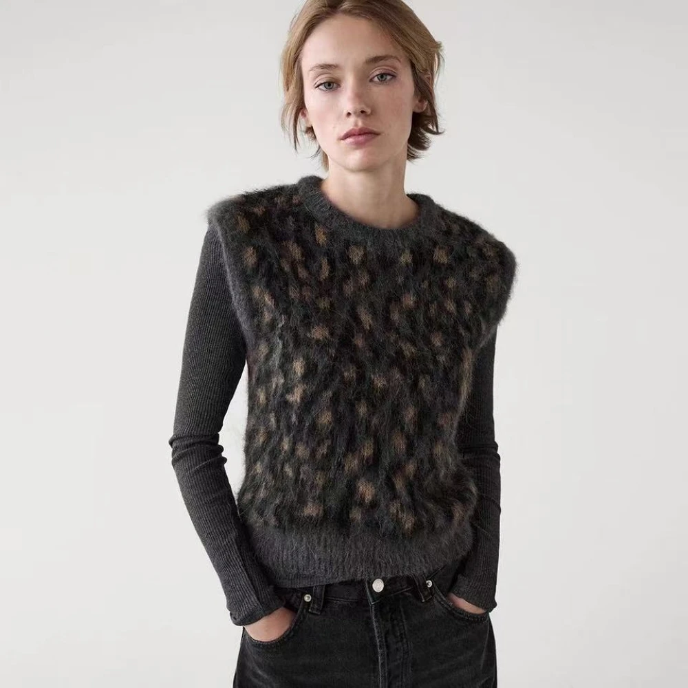 Ethereal Traf Md 2026 YAZHIMEI Autumn New Style of Women's Modern urban retro style leopard print wool blend sleeveless vest