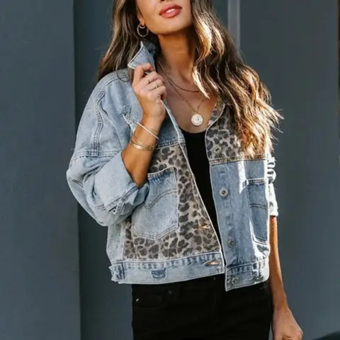 Women's New Spring  Autumn Fashion Personality Leopard Print Patchwork Denim Coat Denim Jacket with Long Sleeves Lapels Top