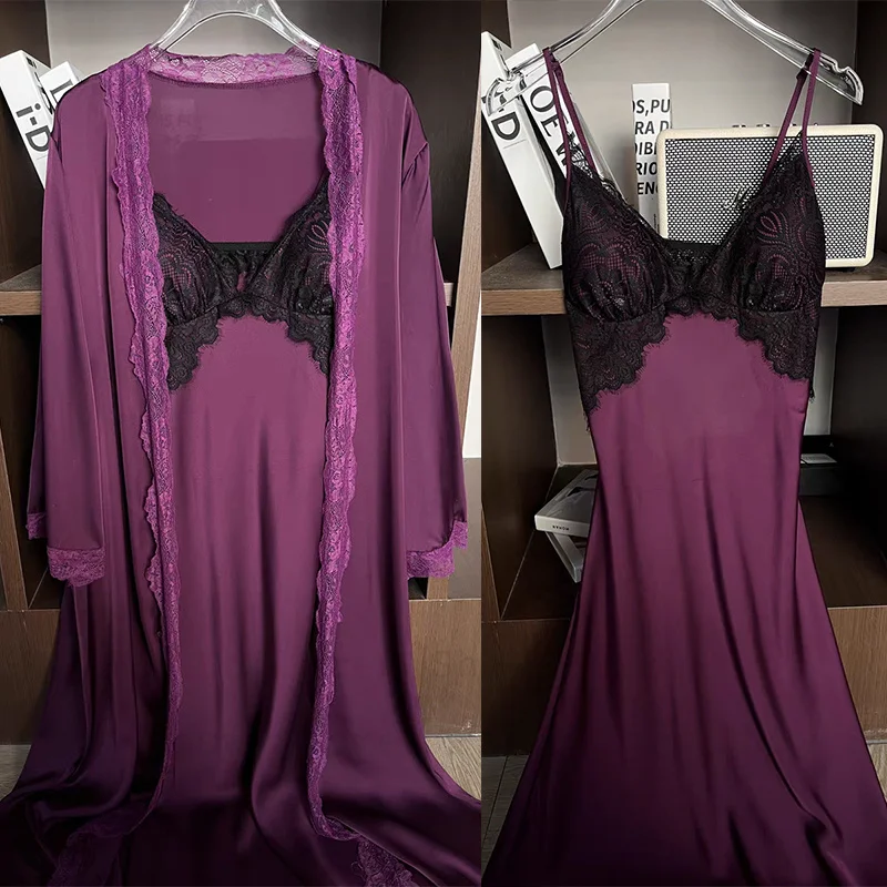 Elegant Long Robe Vestidos De Novia Women Satin Nightdress Luxury Lace Trim Wedding Kimono Gown Lady Sleepwear Lingerie Set