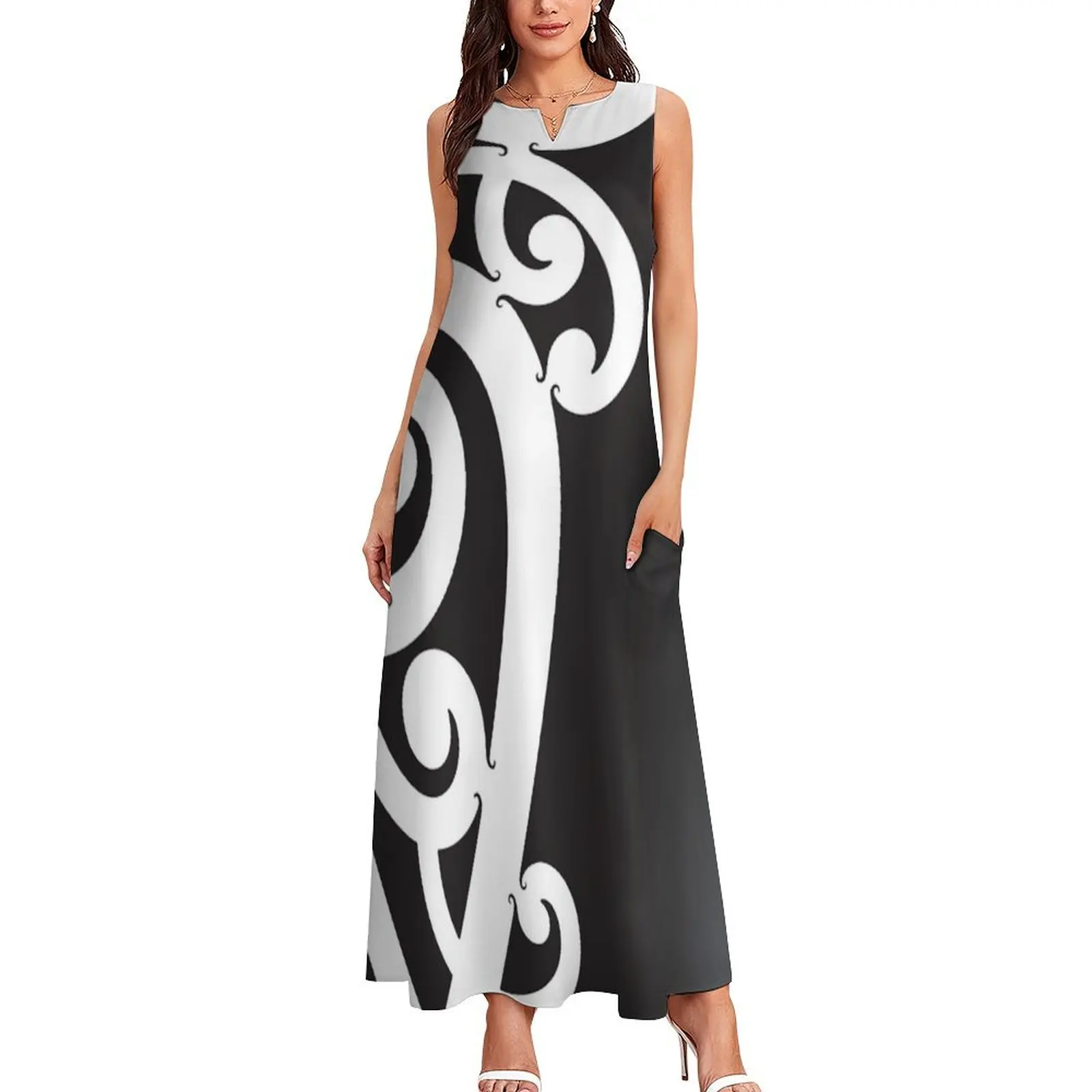 Preto e branco em camadas Māori Koru Design vestido longo vestidos de praia vestidos elegantes vestido de noite feminino