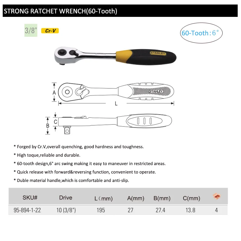 Stanley Professiona 10mm Ratchet Wrench for Car Bike 3/8 Drive Ratchet Socket Wrench 60-tooth Double-Sided Mechanism Hand Tools