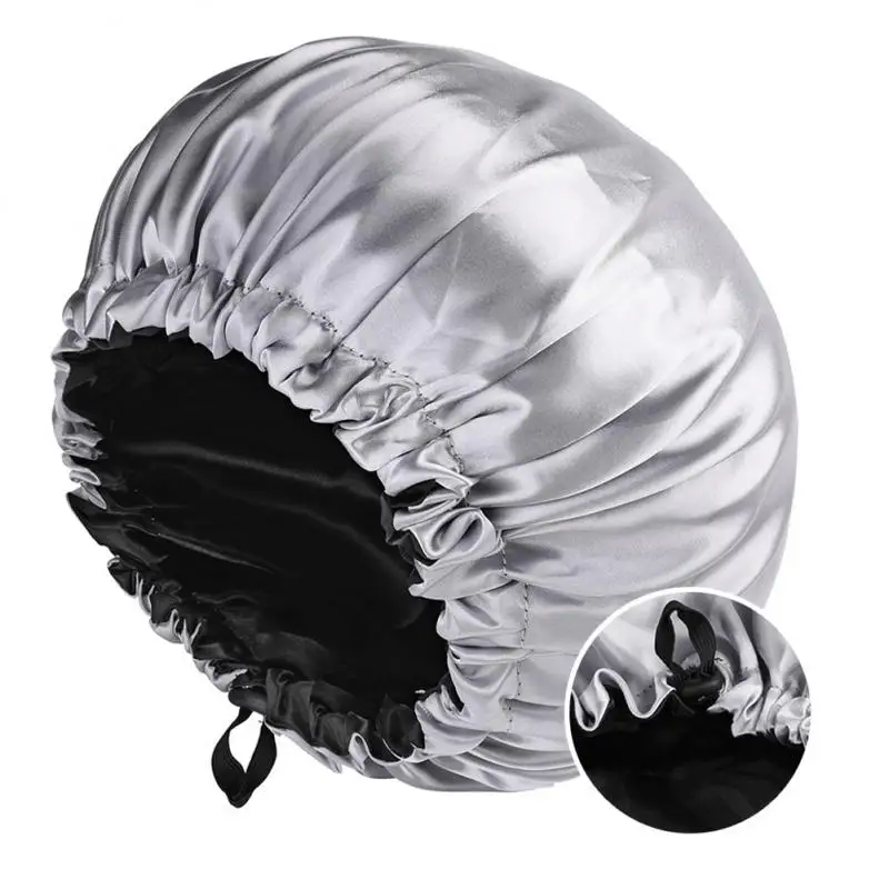 Adjustable Double Layer Satin Bonnet Nightcap Doubleside Women Round Shower Caps Night Sleep Polyester Hat Solid Black Lining