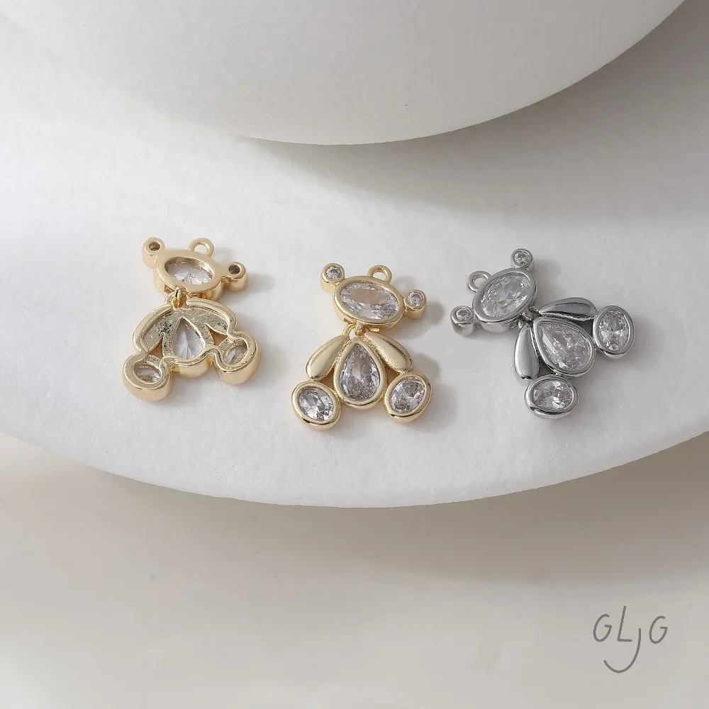 2PCS Cubic Zirconia Bear Charms for Jewelry Making Pendants Supplies Findings DIY Brass 14k Gold Plated Accessories 18*14mm view 2