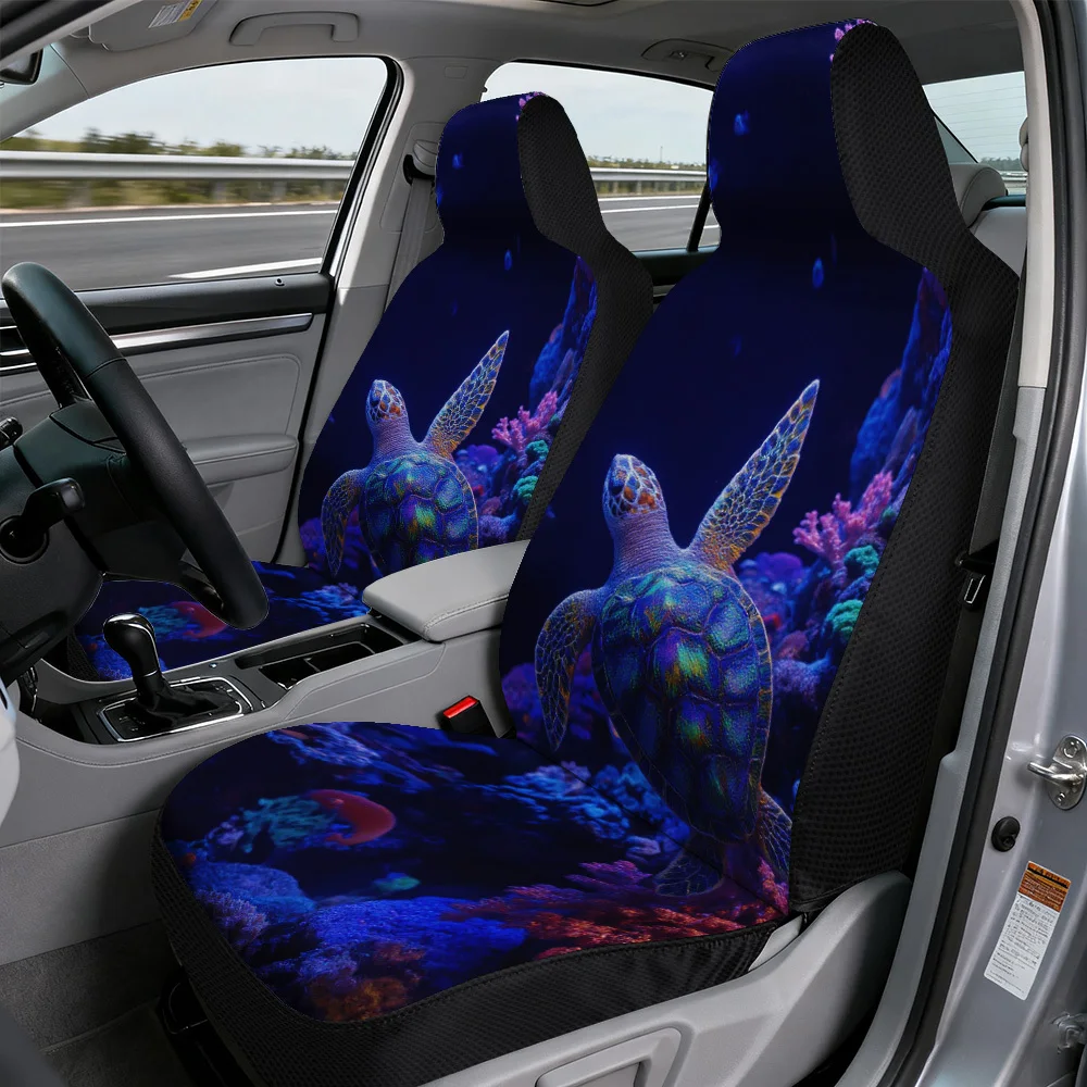 Trendy Front Seat Covers Featuring A Colorful Design Of Sea Turtles Swimming, Made From Soft And Washable Material, Suitable For